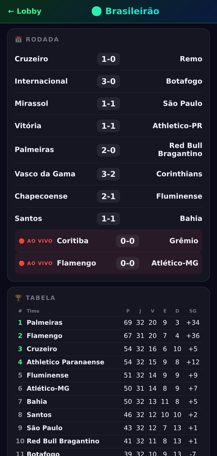 Tela do Brasileirão com rodada, placares ao vivo e tabela de classificação