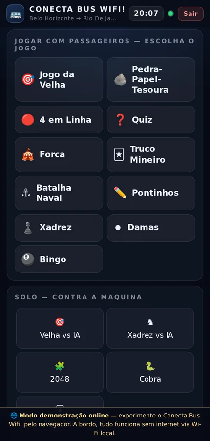 Tela de jogos em rede do Conecta Bus Wifi!: 11 jogos para jogar com outros passageiros