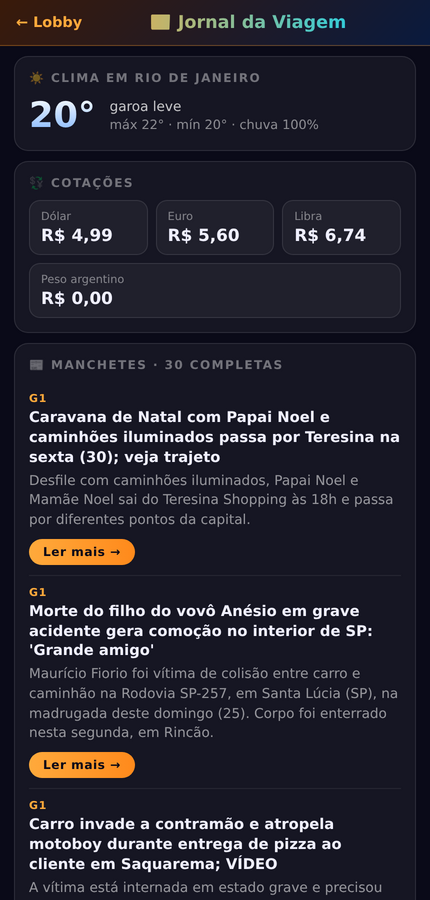 Tela do Jornal da Viagem: manchetes, clima do destino e cotações