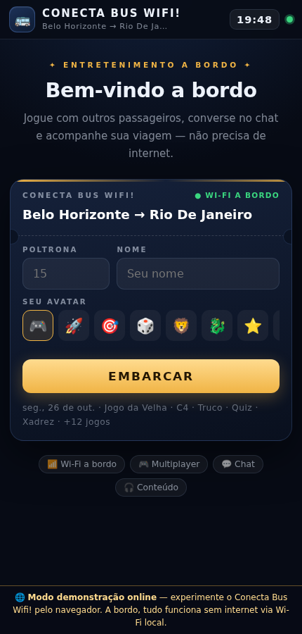 Tela inicial do Conecta Bus Wifi! com poltrona, nome e avatar