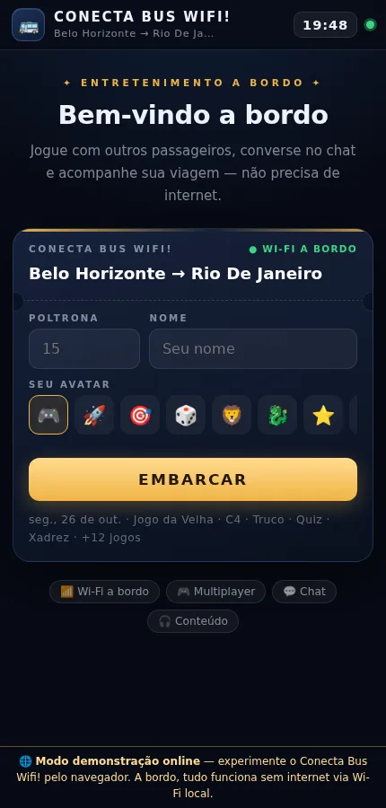 Tela inicial do Conecta Bus Wifi!: passageiro informa poltrona, nome e avatar para embarcar