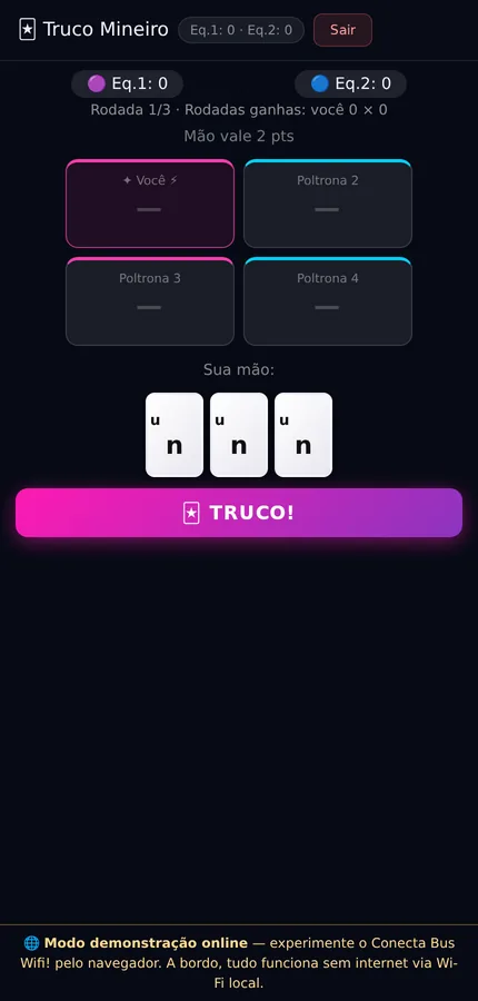 Mesa de Truco Mineiro em rede, com assentos das poltronas, placar e cartas na mão