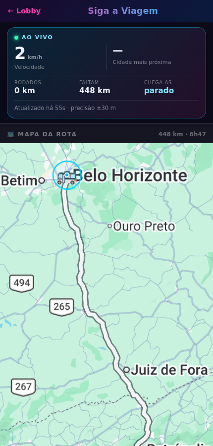 Tela Siga a Viagem com mapa, distância e velocidade