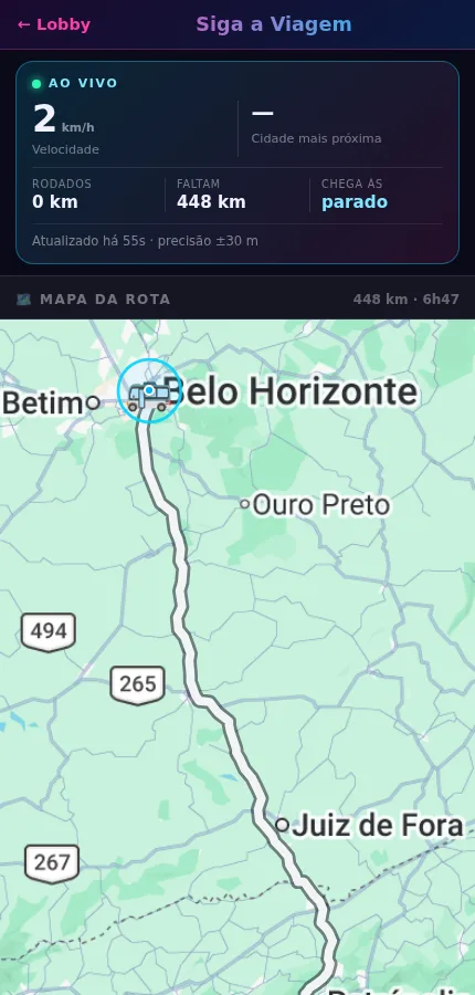 Tela Siga a Viagem com mapa da rota e velocidade ao vivo
